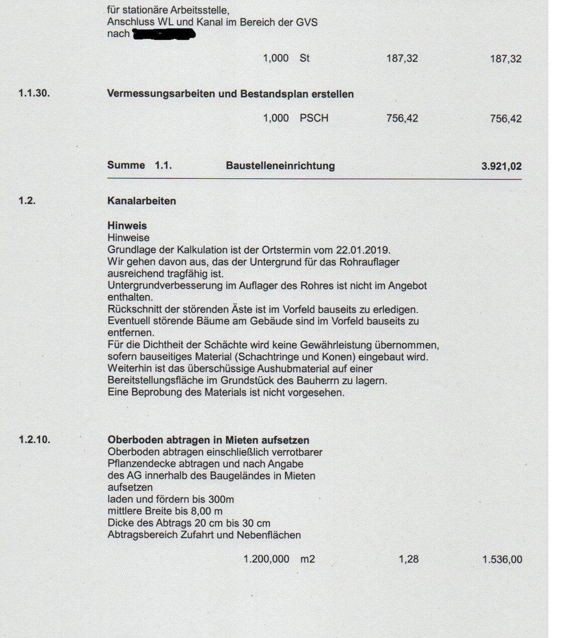 Dokumentenseite mit Vermessungsarbeiten und Bestandsplan Textpassagen