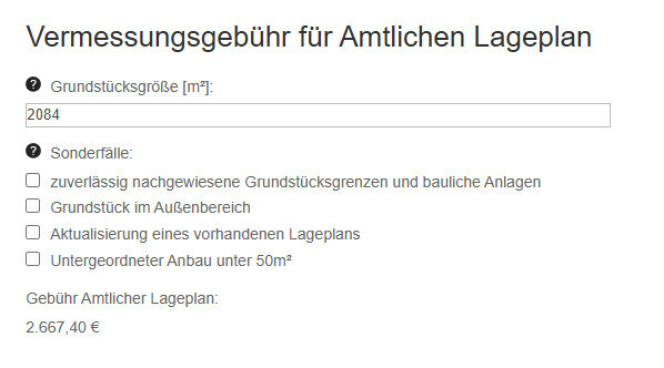 Screenshot eines Formulars zur Vermessungsgebuehr für amtlichen Lageplan