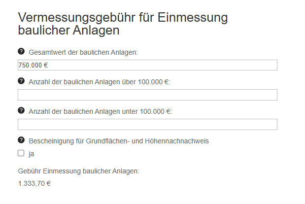 Formular zur Vermessungsgebühr für Einmessung baulicher Anlagen mit Feldern und Checkboxen