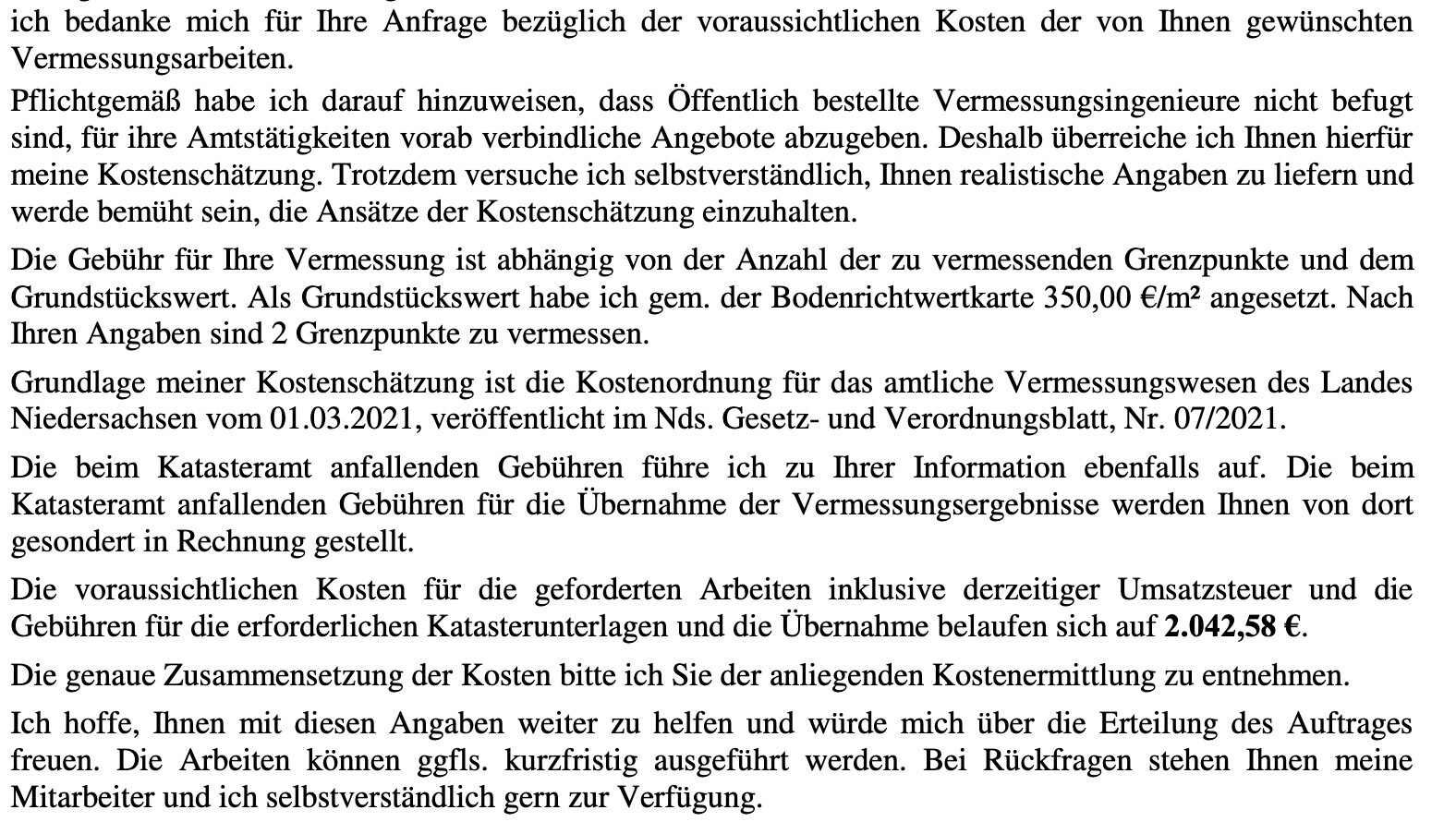 Formeller Kostenvoranschlag per Brief mit Vermessungsgebühren und Kalkulation.