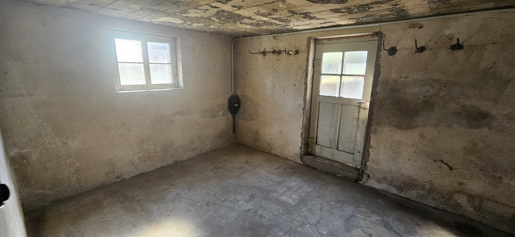 Kellerraum aus Beton mit kleinem Fenster, Tür, Hakenleiste und alter Elektrobox.