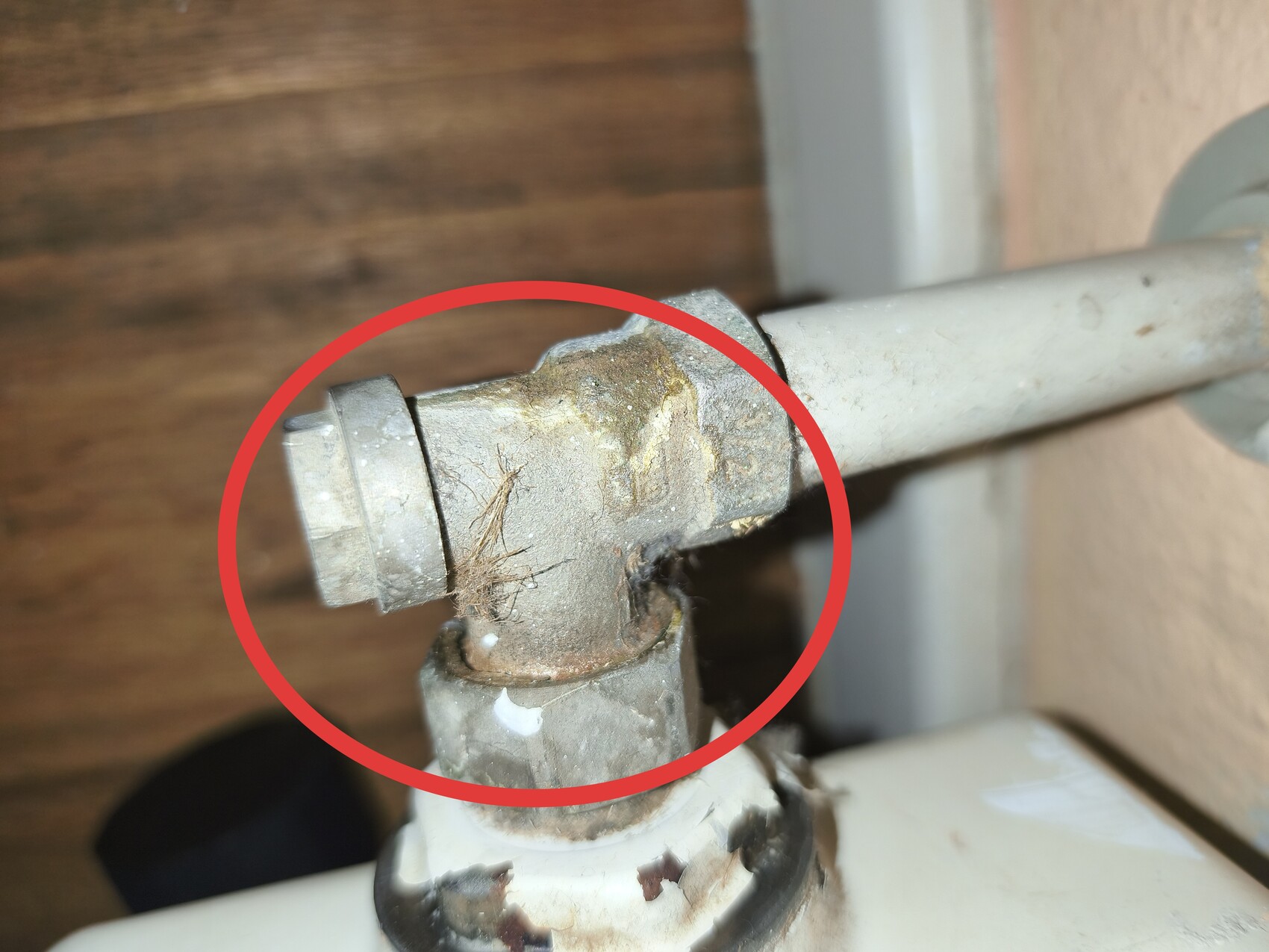 Verrostete Sanitärrohrverbindung mit Leckage unter Spüle.