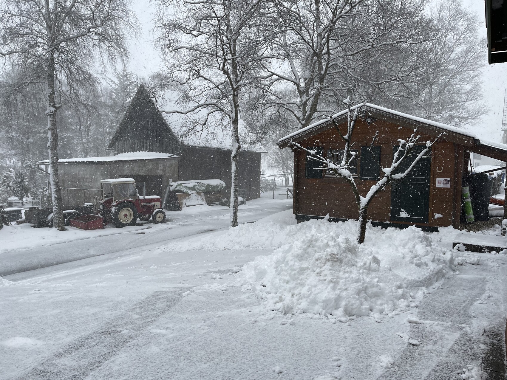 Winterliche Dorfszene: Schnee bedeckt Straße, Traktor, Holzhäuschen und blattlose Bäume.