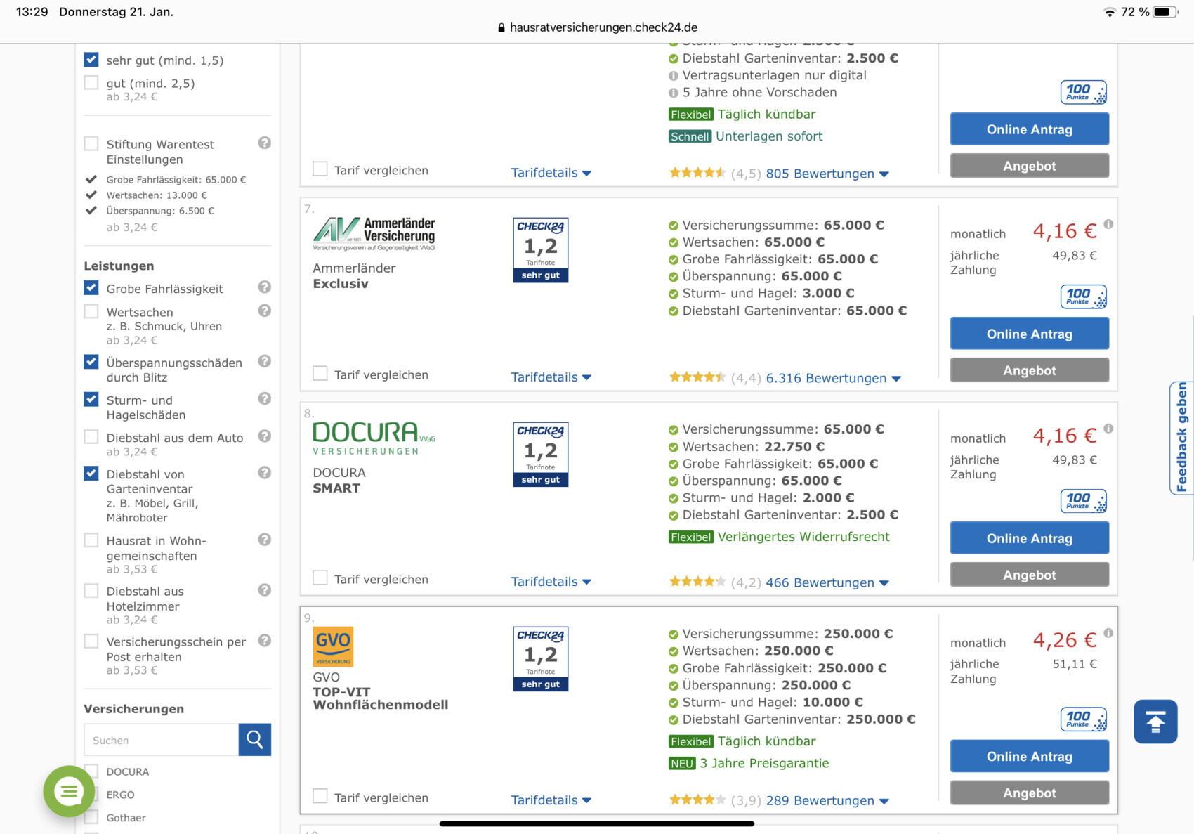 Vergleich von Versicherungsangeboten mit Summen, Preisen und Online-Anträgen (Check24).
