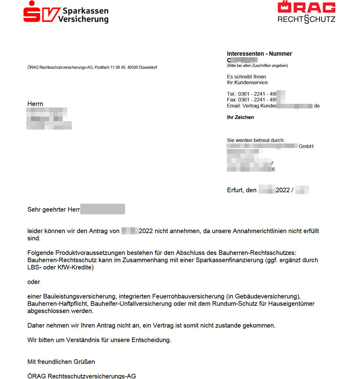 OFFIZIELLER BRIEF: Kopfzeile mit SV Sparkassen Versicherung links und DRAG Rechtsschutz rechts.