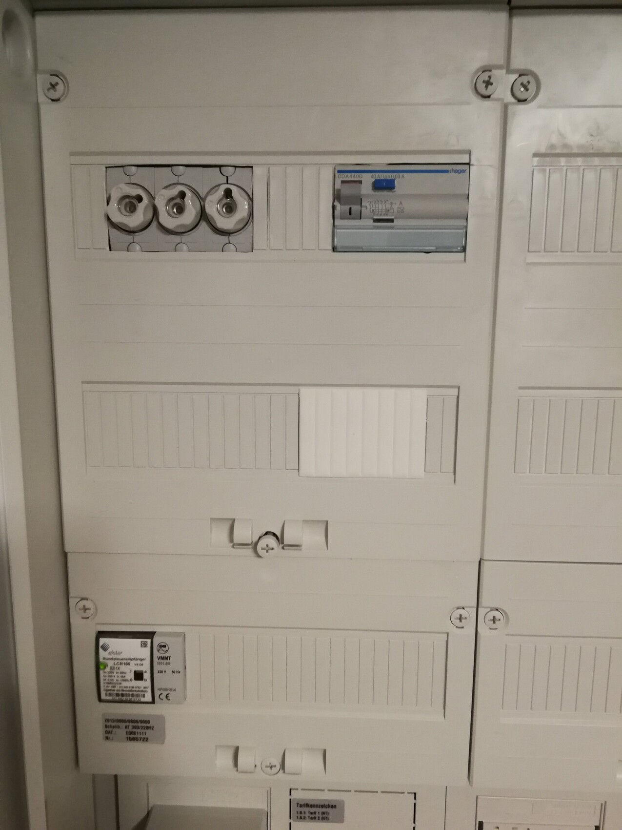 Elektrischer Verteilerschrank mit Sicherungen und Zähler im Schaltschrank.