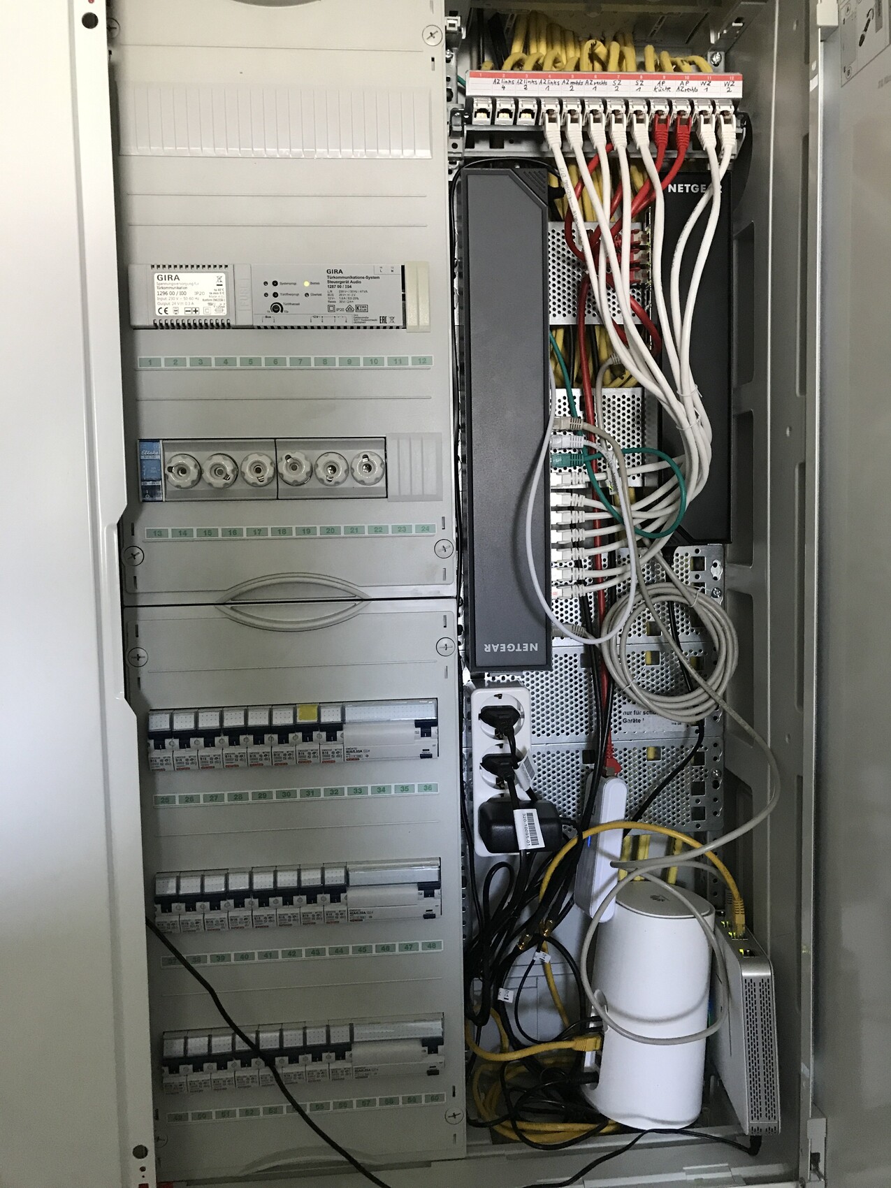 Elektrischer Schaltschrank mit Kabelbündeln, Netzteil, Patchpanel und Sicherungen.