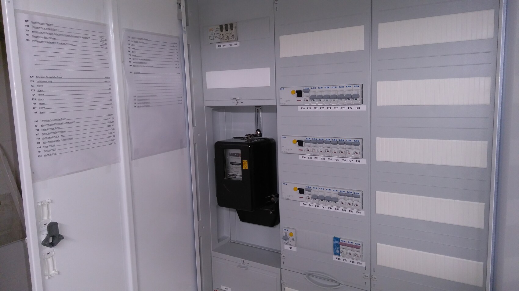 Großer elektrischer Verteilerkasten mit mehreren Sicherungsautomaten, Zähler und Beschriftungen.