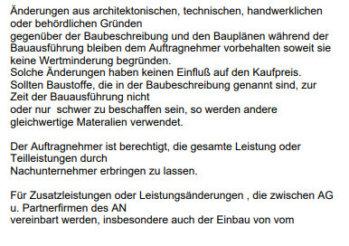 Textdokument mit Bauvertragsklauseln und Änderungen durch Auftragnehmer