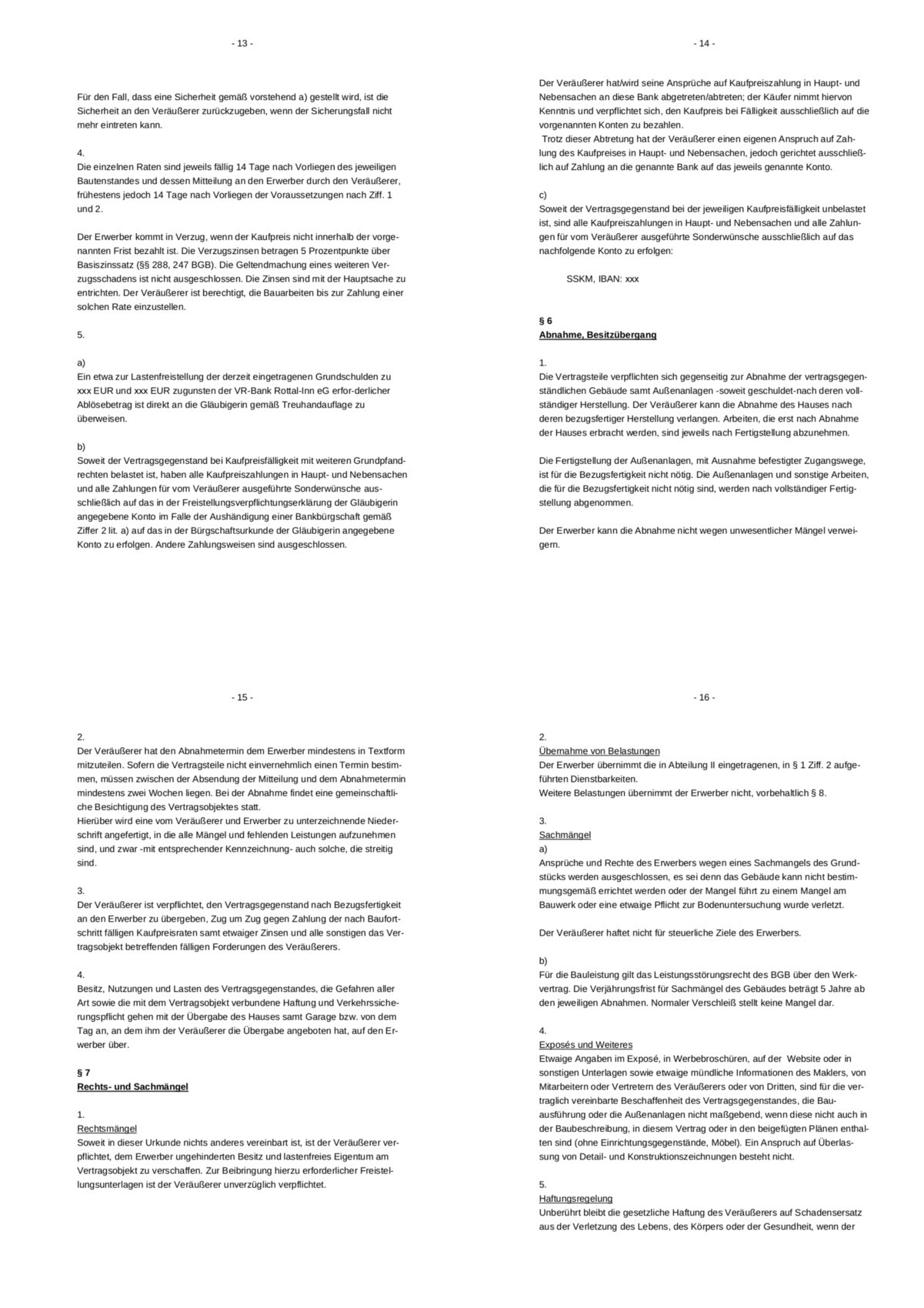 Vertragsklauseln zu Abnahme, Zahlungen und Haftung (Seiten 13–16).
