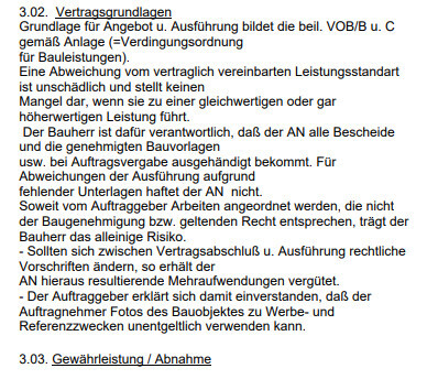 Seite eines Bauvertrags mit Vertragsgrundlagen, Abschnitt 3.02