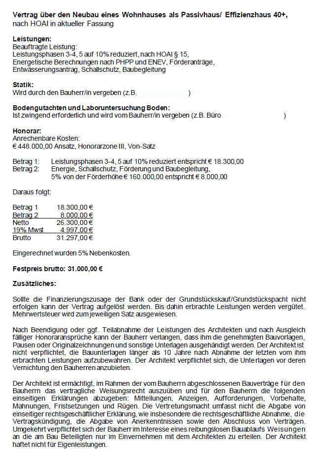 Vertragsentwurf zum Neubau eines Passivhauses (Effizienzhaus 40+) mit HOAI und Leistungsübersicht
