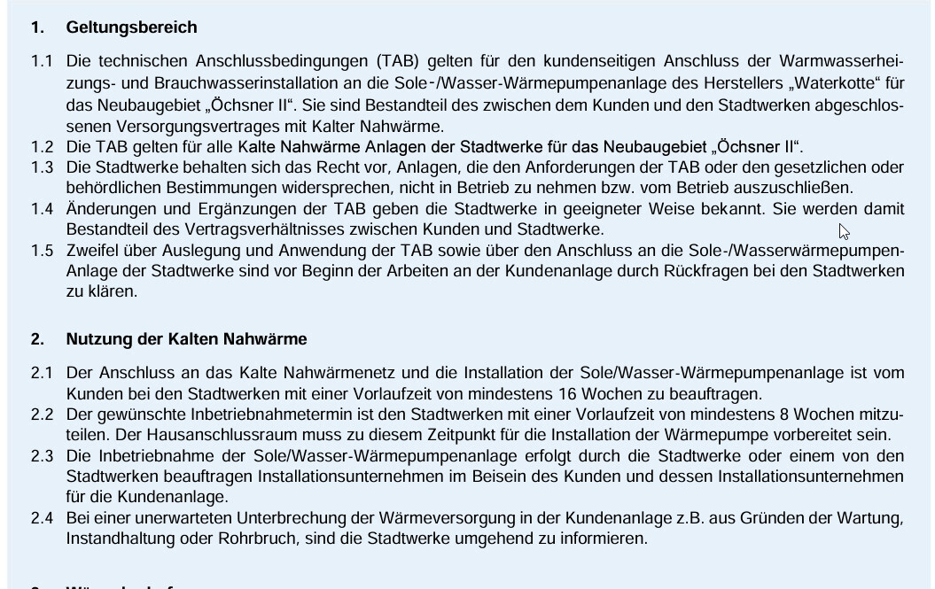 Dokument mit Abschnitten zum Geltungsbereich und zur Nutzung der Kalten Nahwärme.