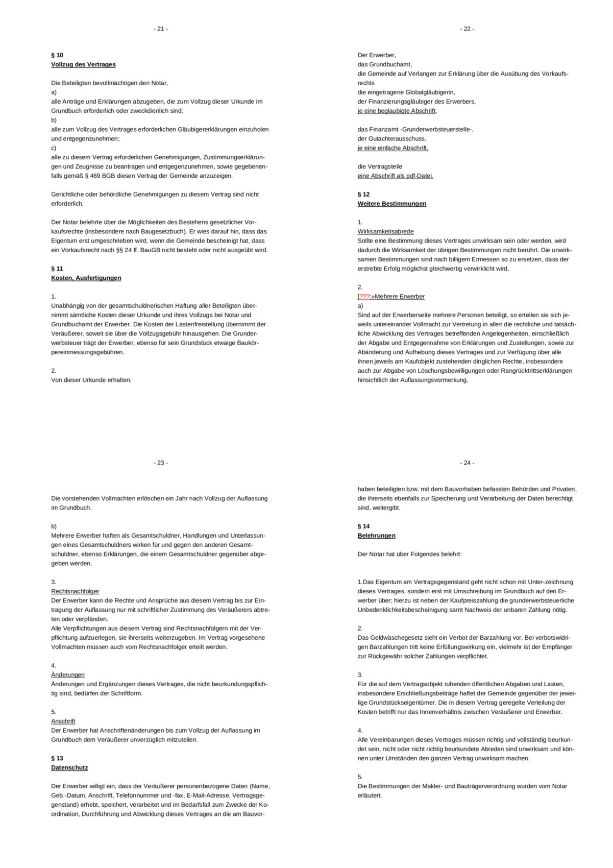 Vierseitiges Vertragsdokument mit Paragrafen und Abschnitten in zwei Spalten.