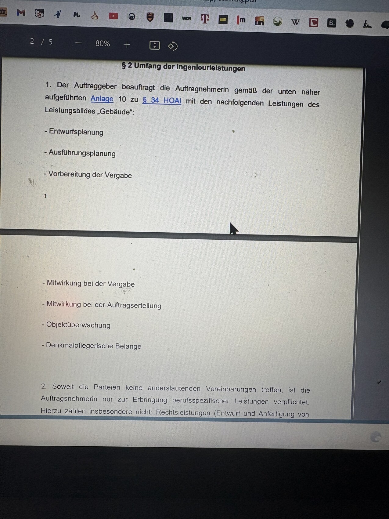 Dokumentenseite mit §2 Umfang der Ingenieurleistungen; Aufzählung von Planung, Ausführung, Vergabe.