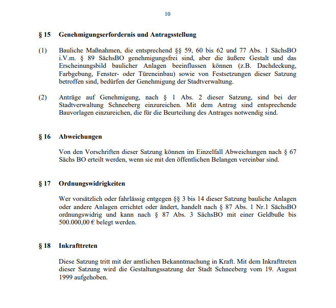 Seite aus einer Satzung mit Genehmigungserfordernis, Abweichungen und Inkrafttreten