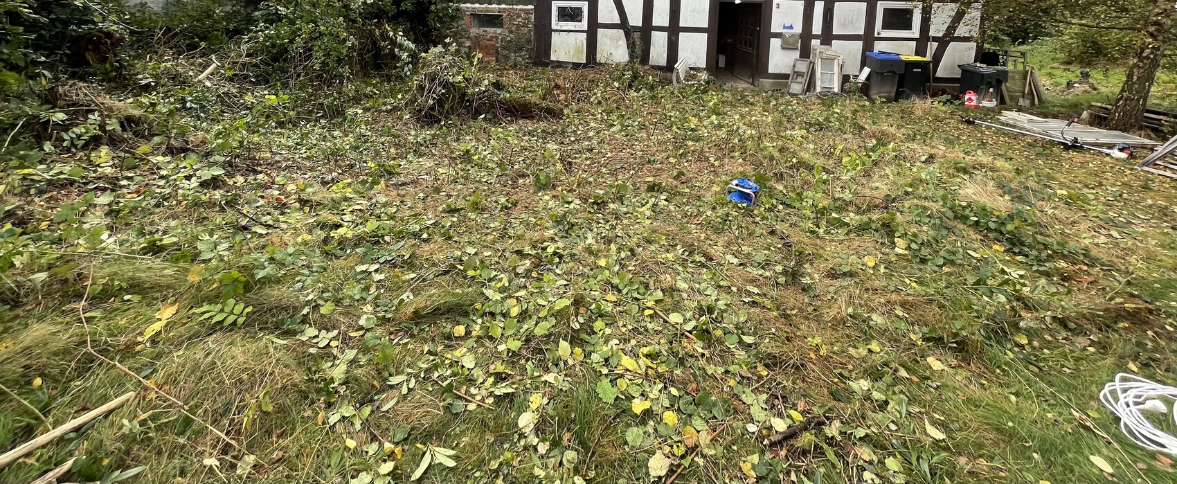 Garten mit vielen abgeschnittenen Zweigen und Laub, Fachwerkhaus im Hintergrund.