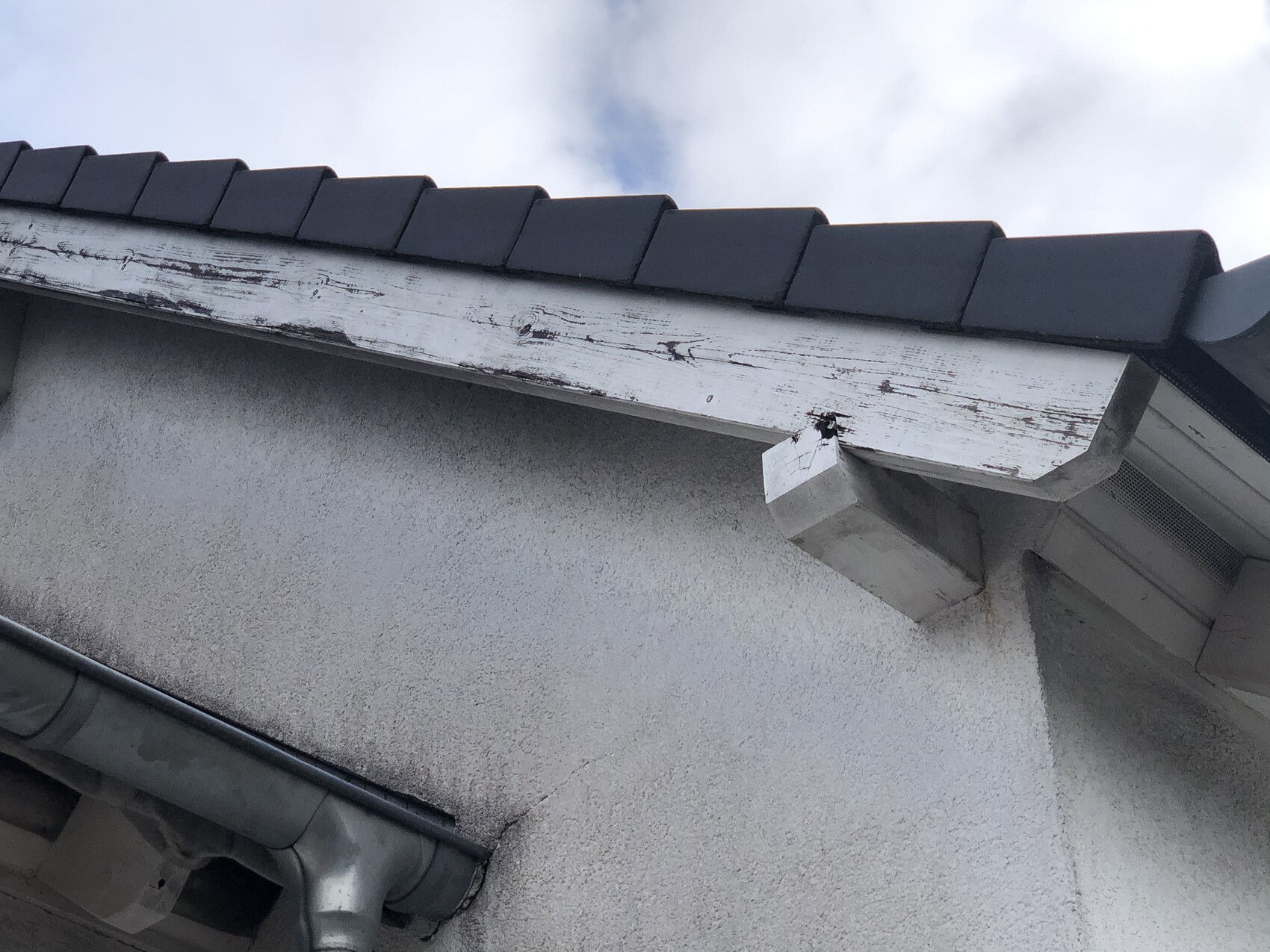Dachkante mit abblätterndem weißem Holzbalken, grauen Dachziegeln und Regenrinne