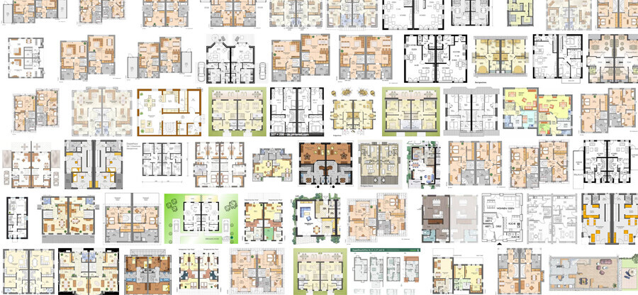 Kollage verschiedener Hausgrundrisse und Grundrisspläne