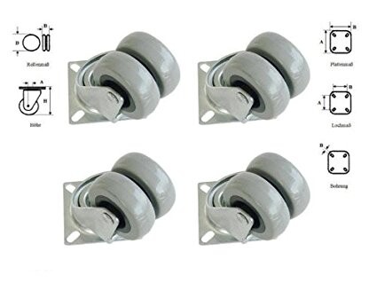 Vier graue Möbelrollen mit Metall-Montageplatten, Bild zeigt Montagedetails