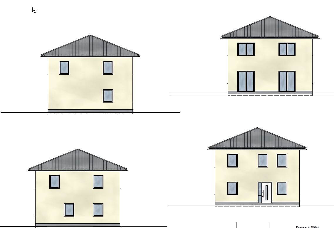 Vier Haus-Elevationen zeigen Front-, Seiten- und Rückansicht eines zweistöckigen Wohnhauses.