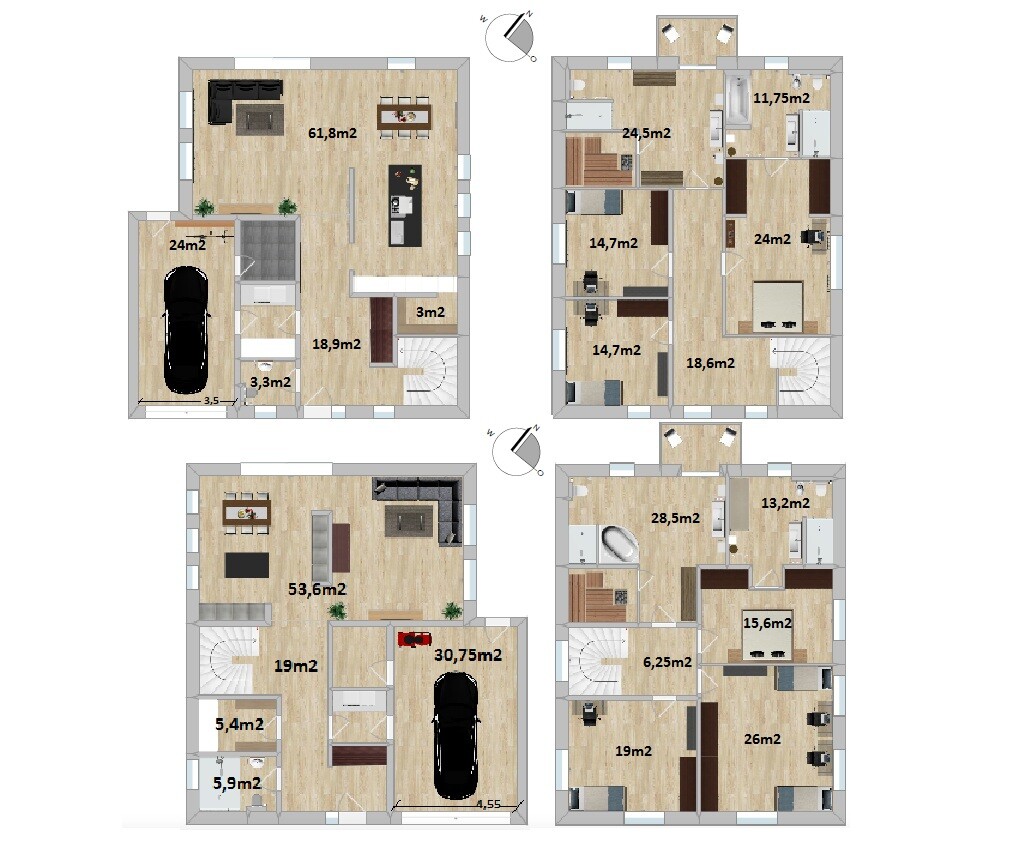 Vierteiliger Grundrissplan eines Hauses mit Garage, Treppen und vielen Zimmern