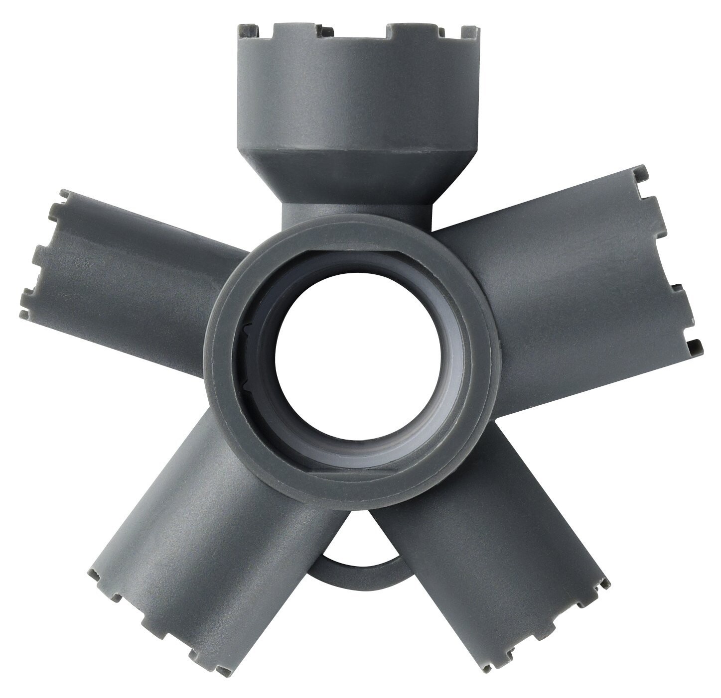 Vierblättriger grauer Kunststoff-Impeller mit zentraler Öffnung.