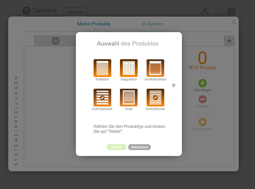 Kurzer Dialog zur Produktauswahl mit sechs Icons für Rolladen, Außenjalousie, Rollo.