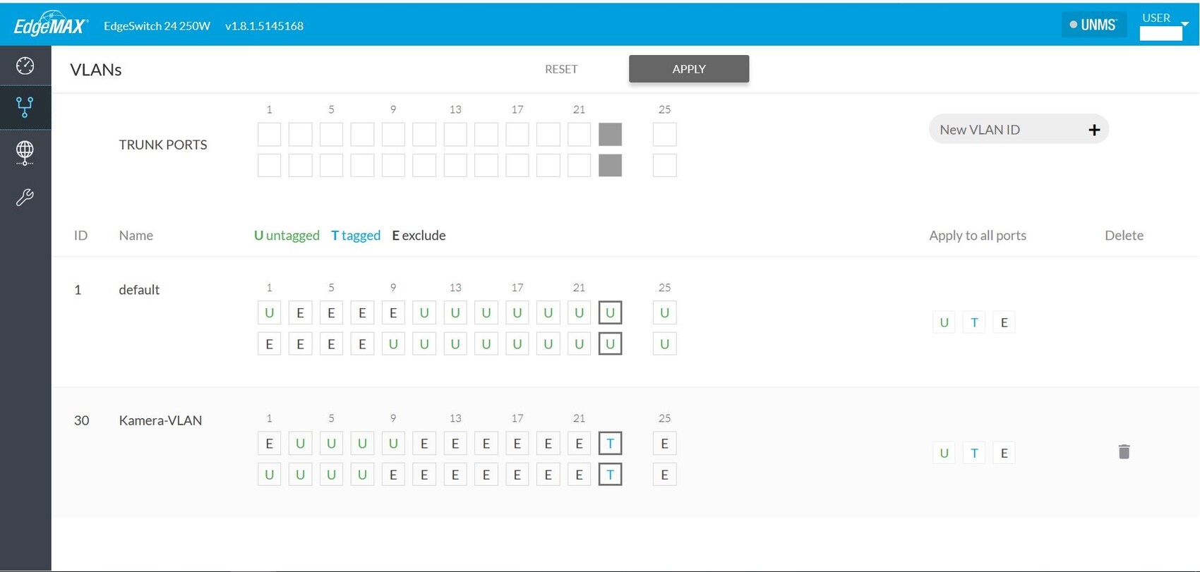 Screenshot der VLAN-Konfiguration mit Trunk-Ports in einer Netzwerk-UI.