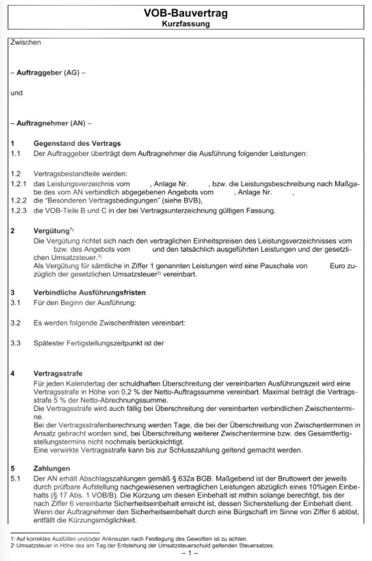 VOB-Bauvertrag Kurzfassung: AG und AN, Leistungsumfang, Vergütung, Fristen