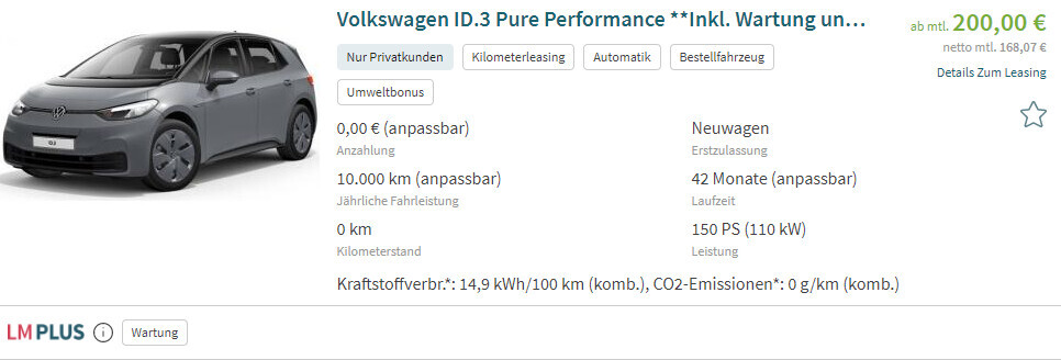 Graue VW ID.3 Pure Performance im Bild, Leasingangebot und Preisinfos daneben.