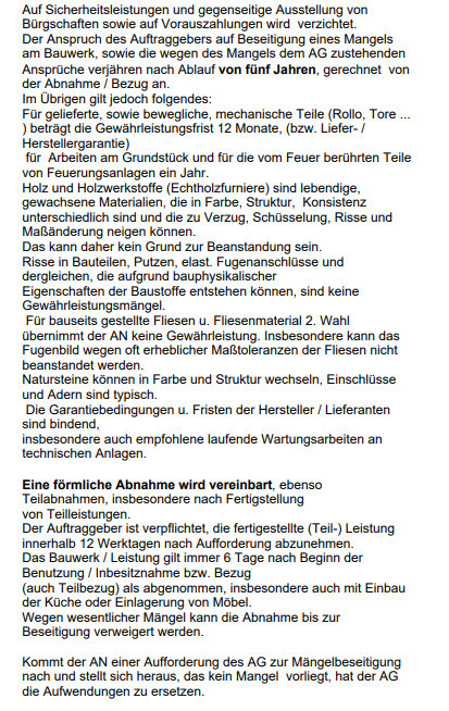 Bild eines langen deutschen Vertragsdokuments zu Sicherheitsleistungen, Mängelabnahme und Wartung.