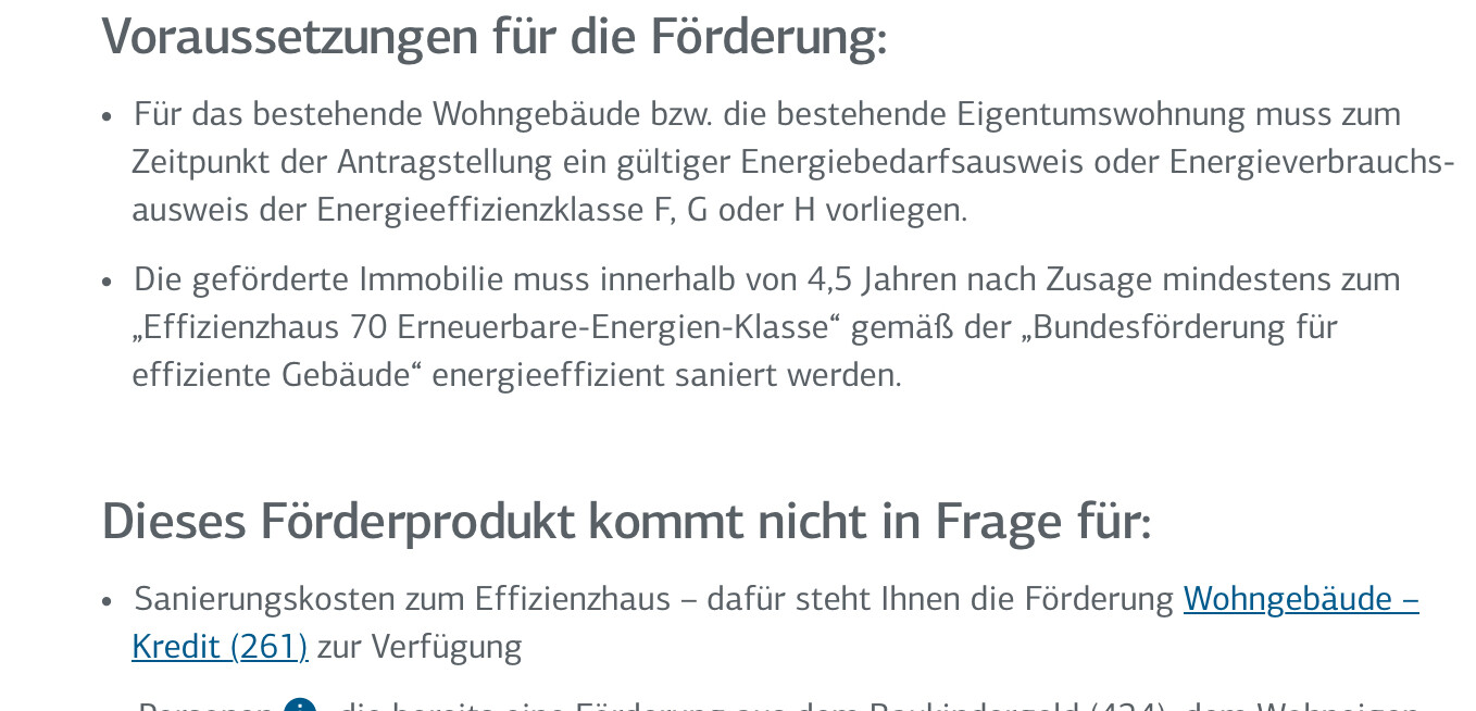 Übersicht zu Fördervoraussetzungen: Energieausweis, Effizienzhaus 70, Erneuerbare-Energien-Klasse.