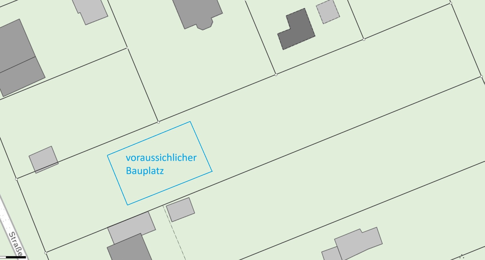 Lageplan mit blauem Umriss als Bauplatzmarkierung, voraussichtlicher Bauplatz.