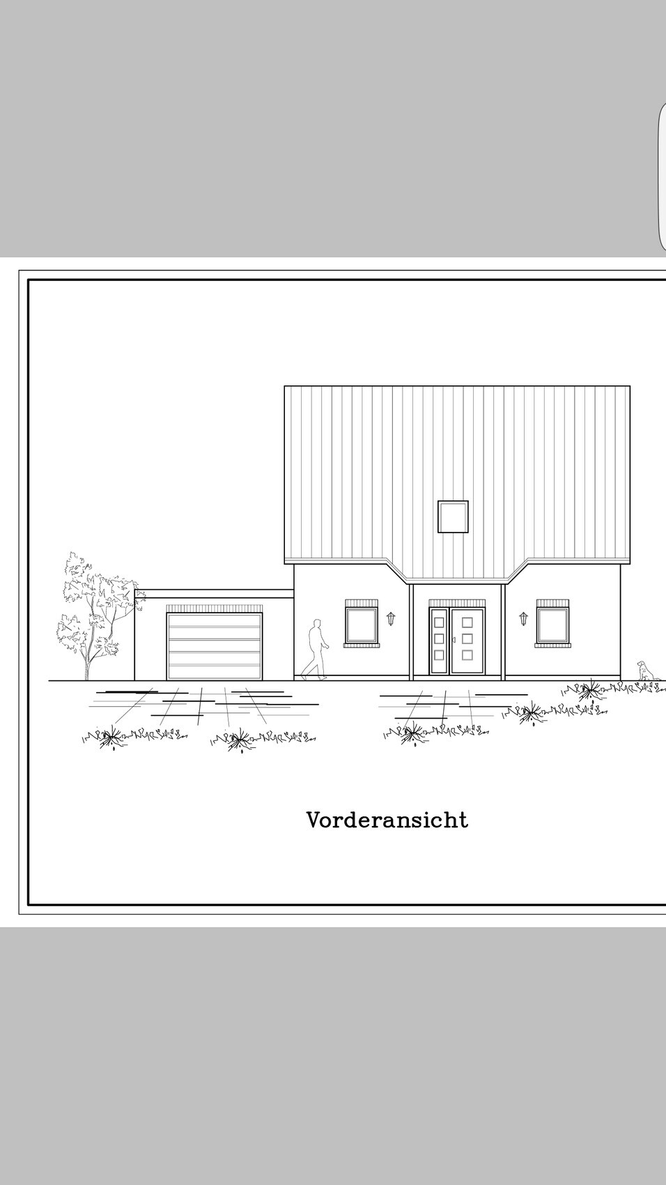 Vorderansicht eines Hauses mit Garage, Eingangstür, Fenstern, Bäumen und gehender Person.