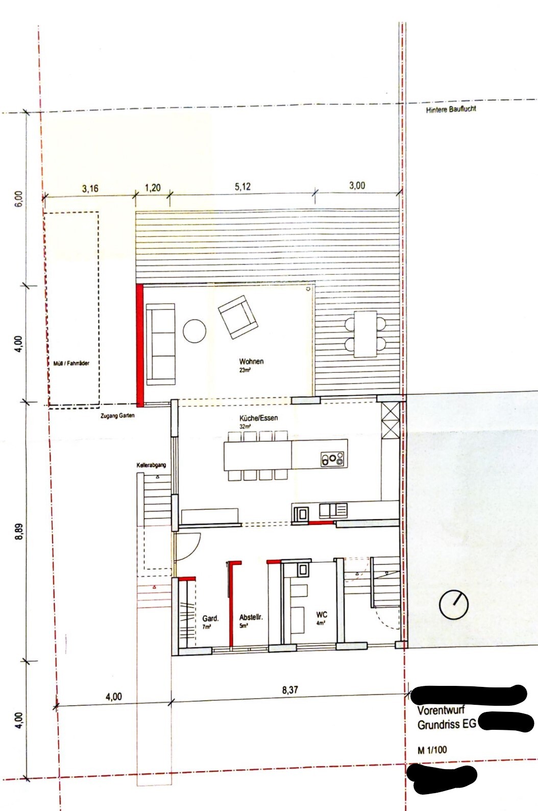 Grundriss EG: Wohnen, Küche/Essen, WC, Abstellraum, Garderobe, Terrasse