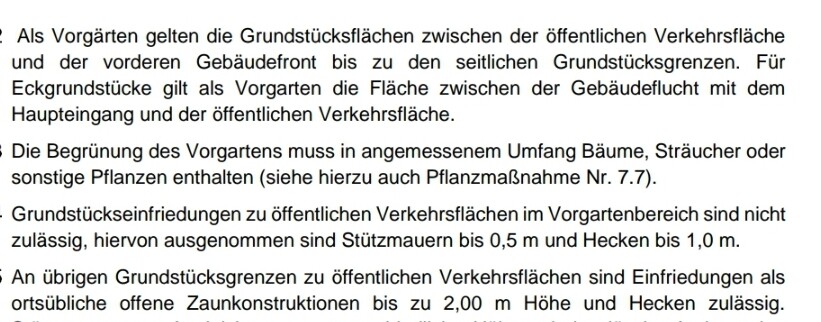 Textdokument mit Bauvorschriften zu Vorgärten, Grundstücksgrenzen und Verkehrsflächen