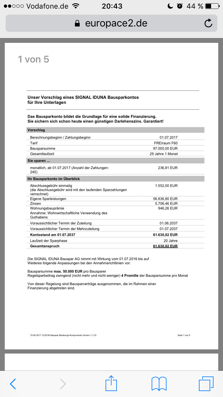 Seite eines Finanzdokuments mit SIGNAL IDUNA Bausparkonto-Vorschlag und Beträgen.