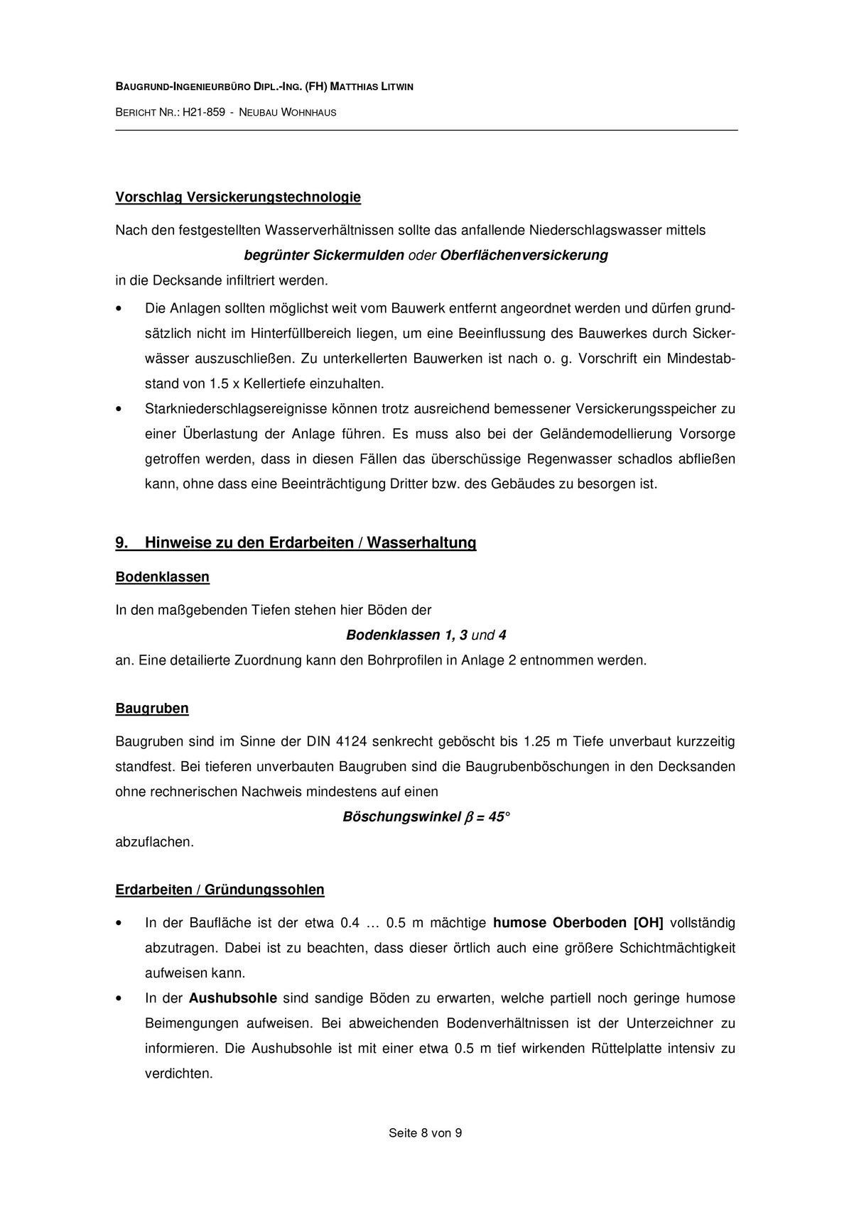 Seite eines Berichts mit Vorschlägen zur Versickerungstechnologie und Erdarbeiten