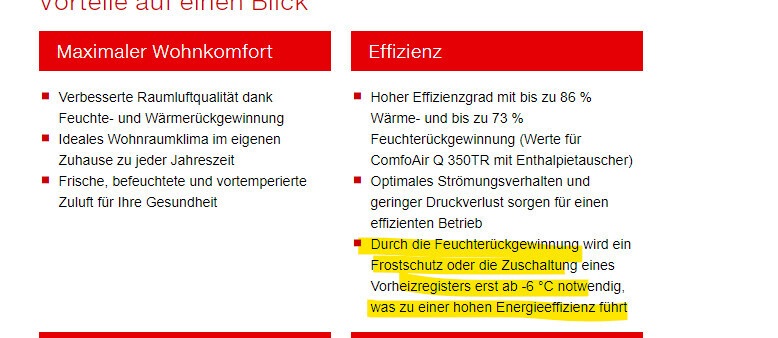 Zwei Spalten zeigen Vorteile: Maximaler Wohnkomfort und Effizienz mit aufgezählten Merkmalen.