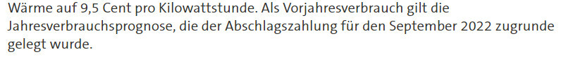 Wärmepreis 9,5 Cent/kWh; Jahresverbrauchsprognose bildet Basis der Sept. 2022 Abschlagszahlung.