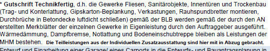 Ausschnitt eines Textdokuments zur Technikfertig-Gutschrift mit Gewerken wie Fliesen und Sanitär.