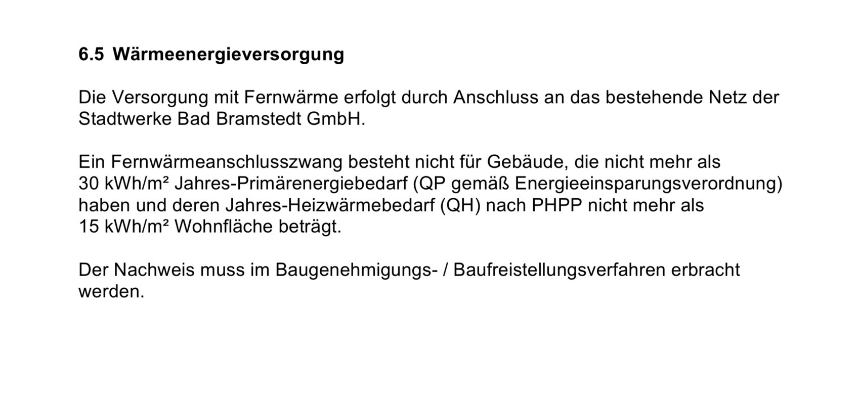 Dokumentseite, Abschnitt 6.5 Wärmeenergieversorgung mit Fernwärmeanschluss.