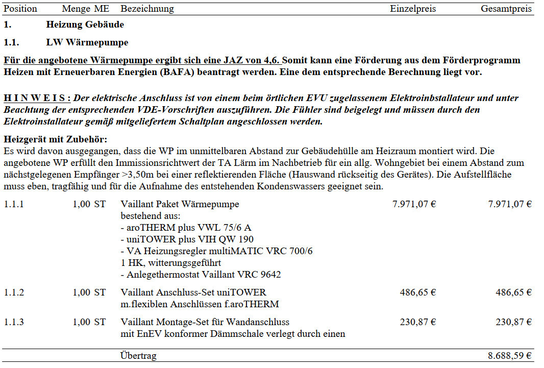 Preisangebot für Heizung: Wärmepumpe mit Zubehör, Gesamtsumme 8.688,59 €