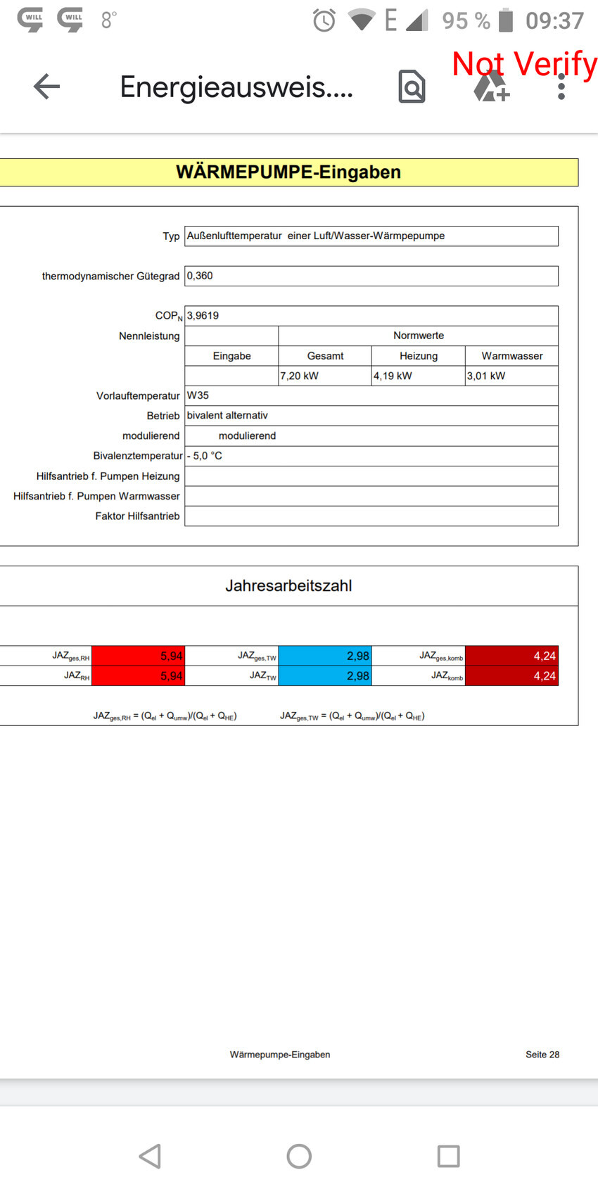 Screenshot eines Wärmepumpe-Eingabeformulars mit COP, Nennleistung und Jahresarbeitszahl.