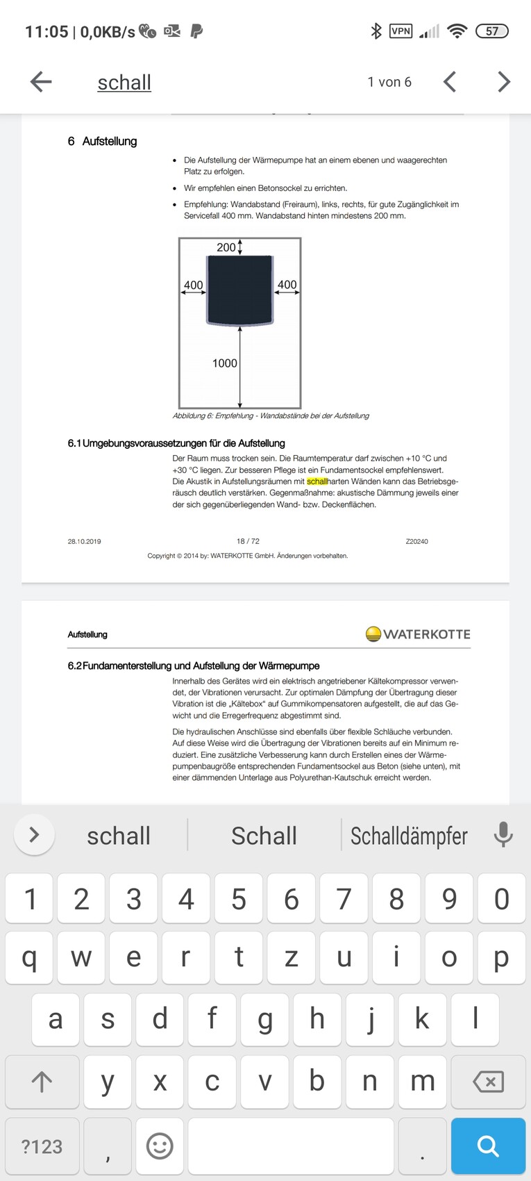 Wärmepumpe: Diagramm mit 400 mm seitlich, 200 mm oben, 1000 mm Freiraum vorn