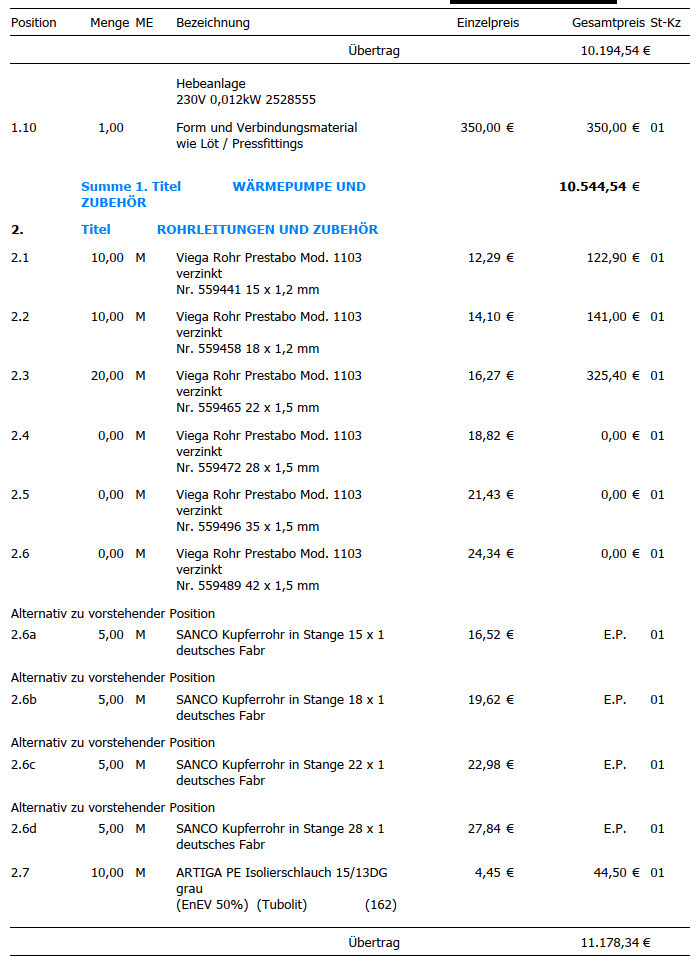 Detaillierte Rechnung mit Positionen wie Hebeanlage, Rohre und Zubehör, Mengen und Preise.