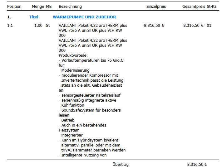 Rechnungsposition: Wärmepumpe und Zubehör – Vaillant 4.32 aroTHERM Plus VWL 75/6 VIH RW 300