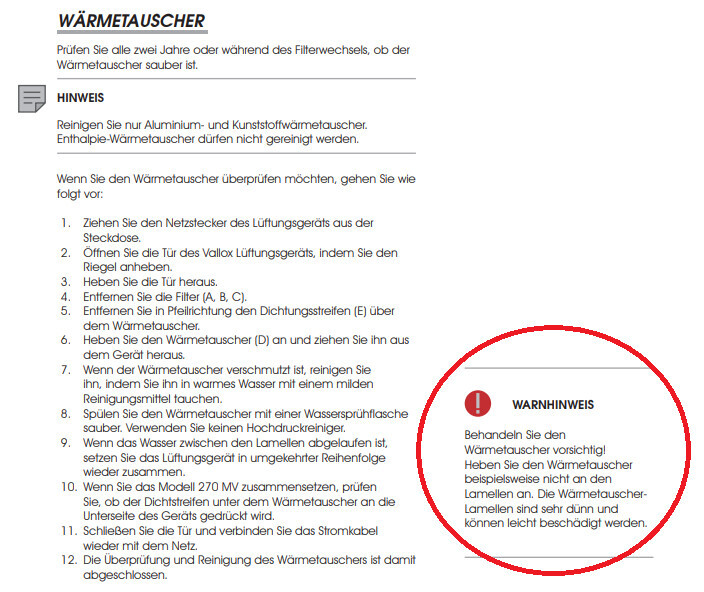 Seite mit Anleitung zum Wärmetauscher und rotem Warnhinweis im Kreis
