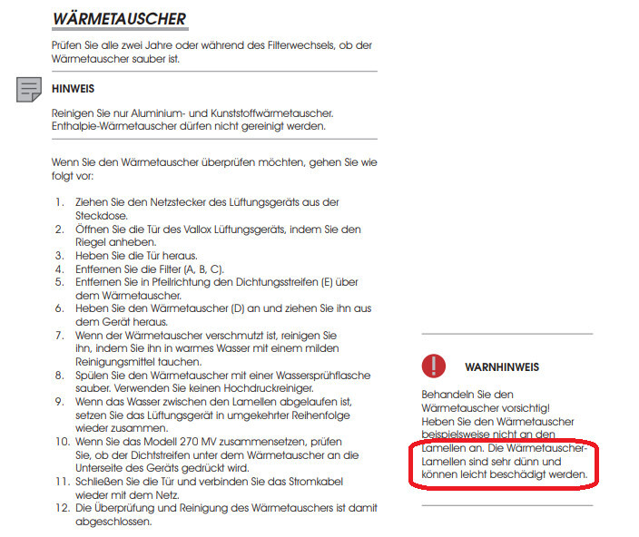 Wärmetauscher-Anleitung mit Warnhinweis: Lamellen dünn und leicht beschädigt.